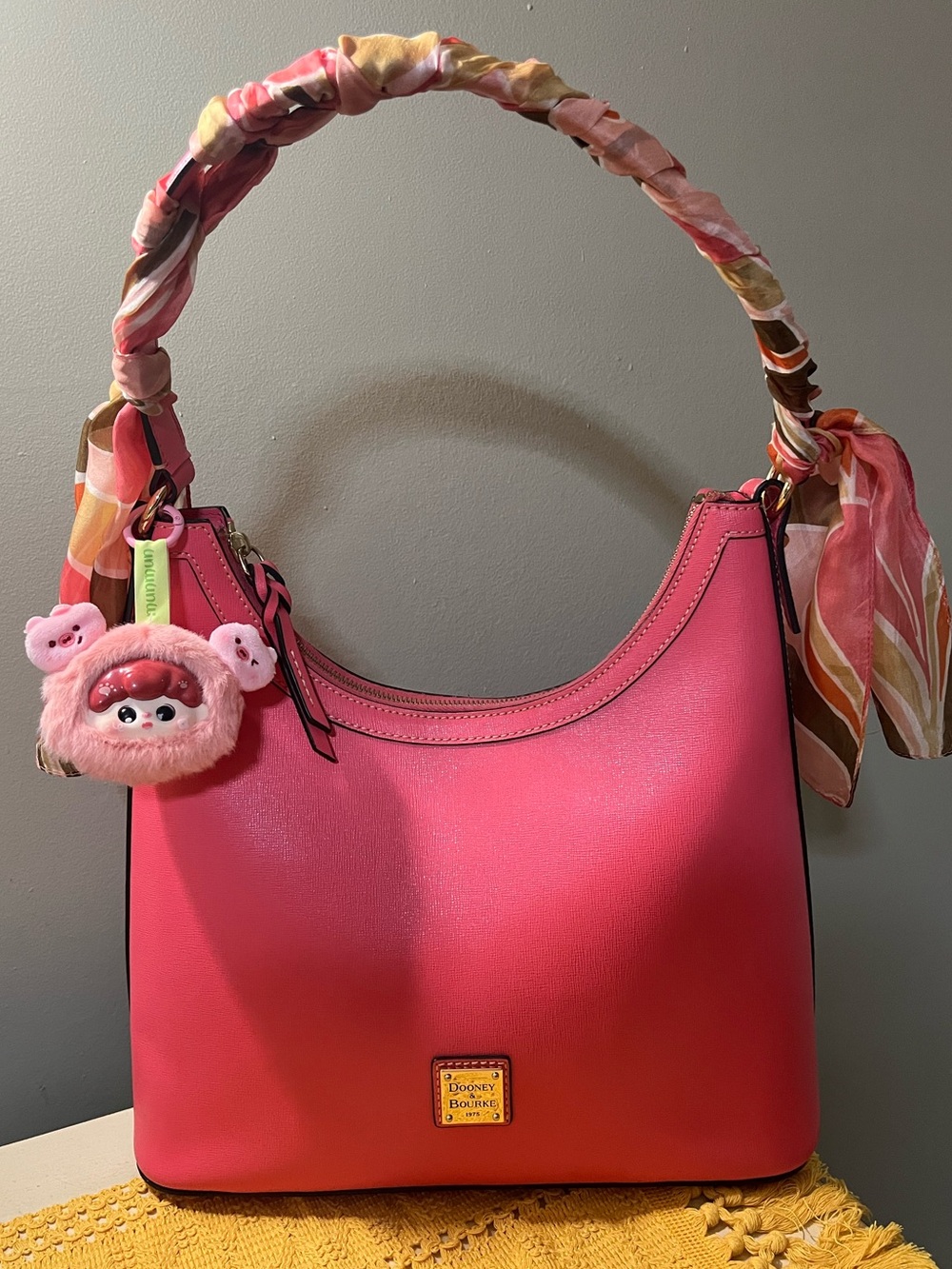 Dooney & Bourke Pink Shoulder Bag, silk scarf & Munmun 3 little pigs charm NWOT